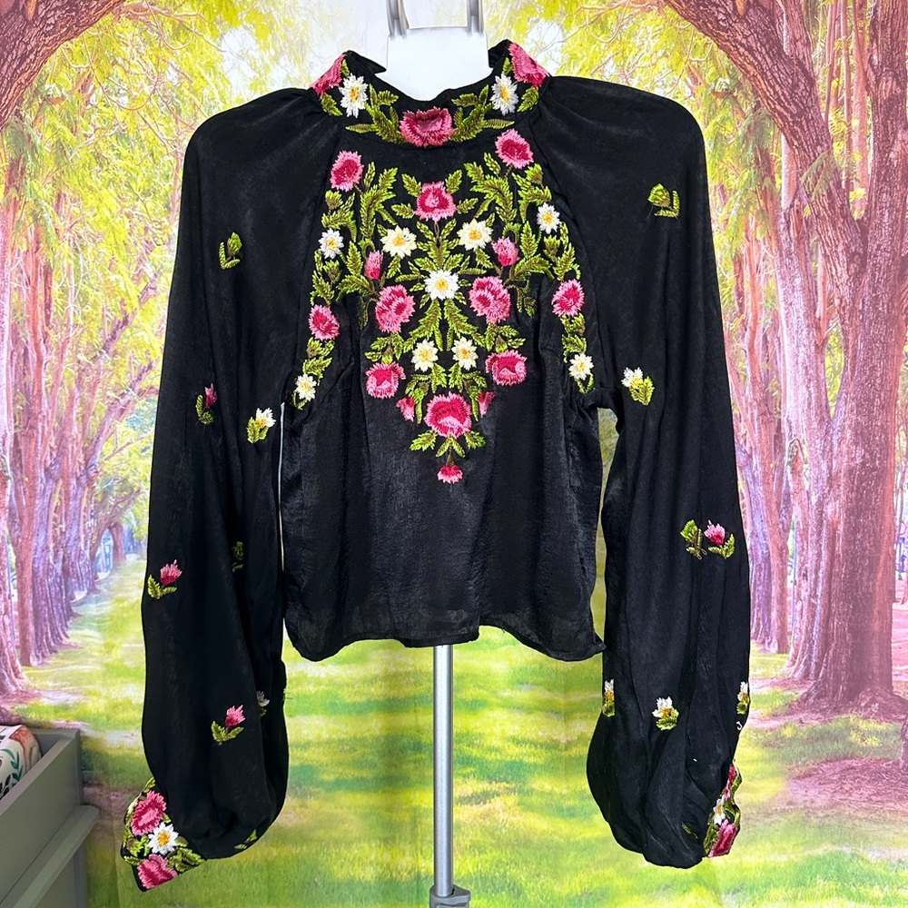 Free People Black Floral Embroidered Blouse